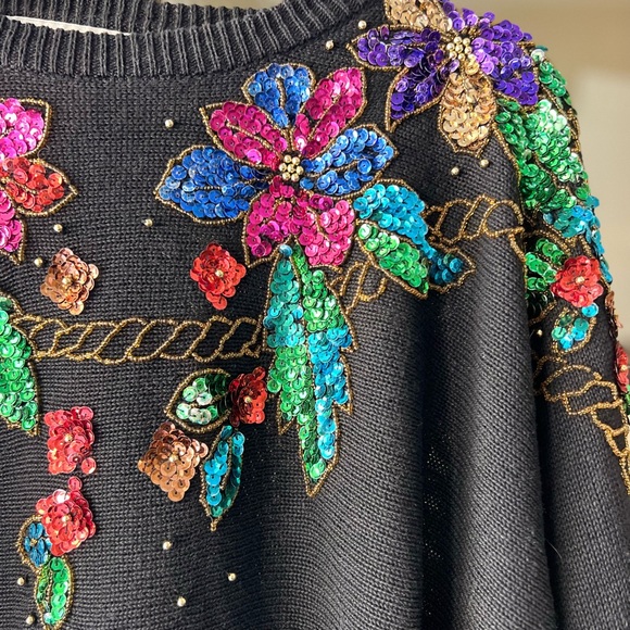Vintage 80's 90's sequins Diana Marco Black Sweater sz 24 medium large - Picture 7 of 12